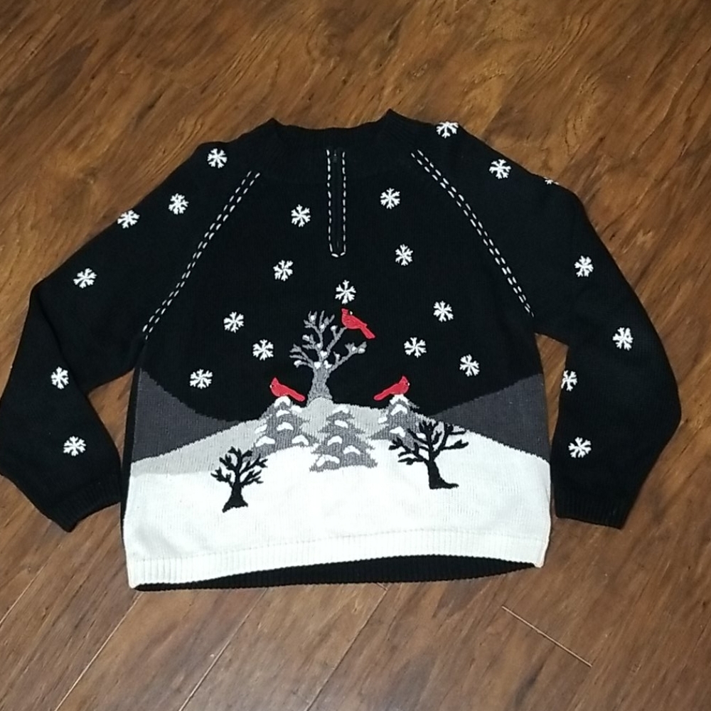 Vtg Mandal Bay Cardinal & Snow Embroidered Sweater Womans L Christmas 1/4 Zip
